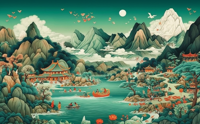 国潮夏季中国风戏水人们传统建筑插画,插画/手绘图,插画/手绘图库,插画/手绘图下载,插画/手绘